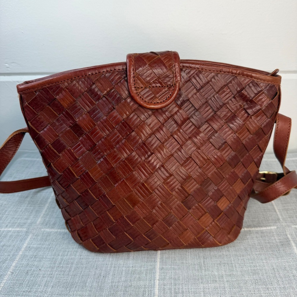 Vintage Woven Leather Crossbody Bag Brown Made in India Boho Basketweave Cottage - Picture 2 of 11